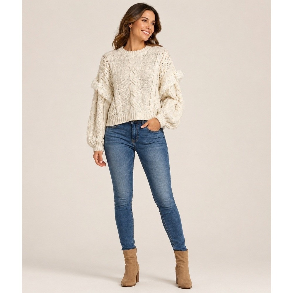 Cupcakes and Cashmere Boho Cozy Sweater Large Cream Cable Knit Fringe Wool Blend
